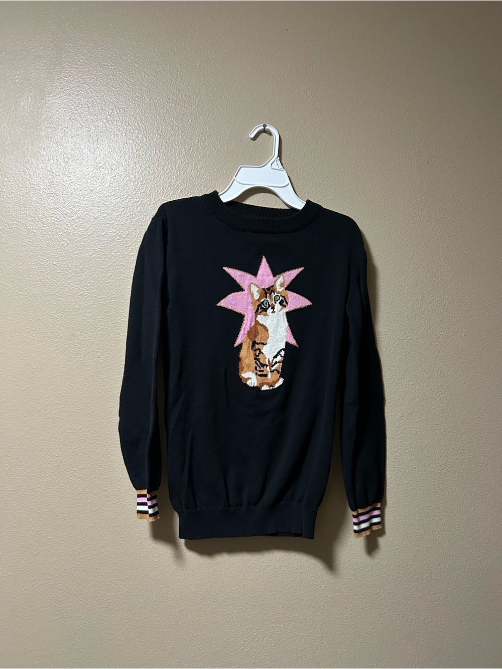 OXKnit  Embroidered Cat Black Sweater SZ S Calico Green Eyes Whimsical Cottage